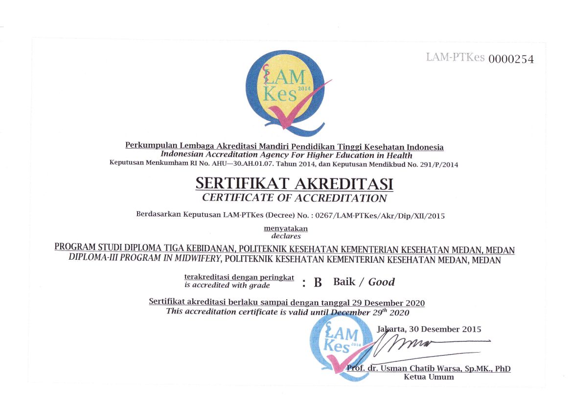Sertifikat Akreditasi Prodi D-III Kebidanan Medan yang dikeluarkan oleh LAMPTKes